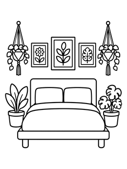 Free printable Cozy Bed With Potted Plants coloring page