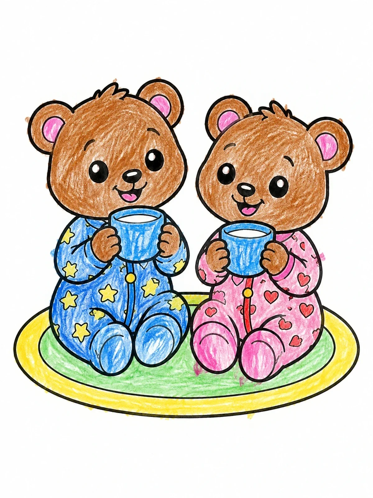 Colored example of the Bear Cubs In Pajamas With Warm Milk coloring page