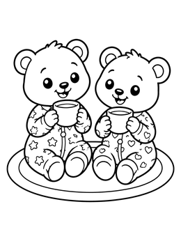 Two smiling bear cubs in footie pajamas holding mugs on this bedtime coloring page.