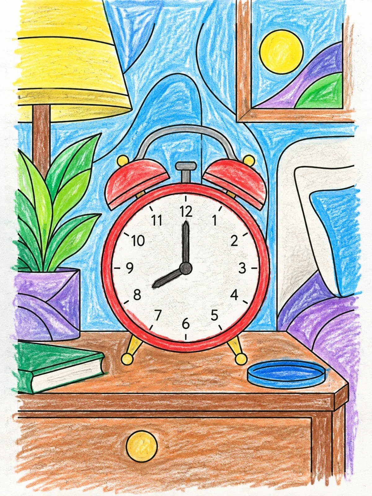 Colored example of the Twin Bell Alarm Clock On Nightstand coloring page