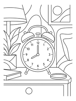 A vintage alarm clock sits on a bedside table in this bedtime coloring page.