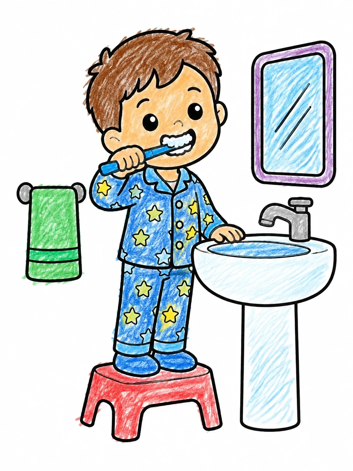 Colored example of the Boy Brushing Teeth On Stool coloring page
