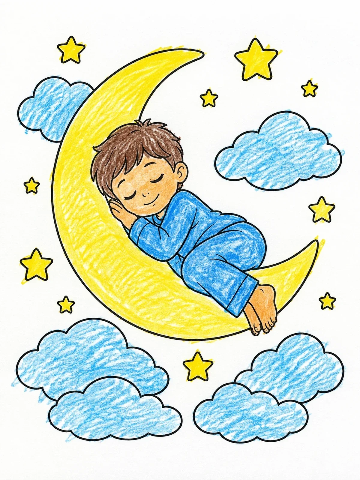 Colored example of the Child Sleeping On Crescent Moon coloring page