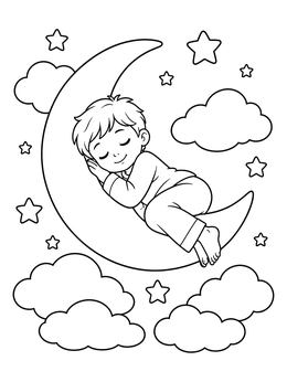 A peaceful bedtime coloring page showing a young boy sleeping comfortably on a crescent moon among stars.