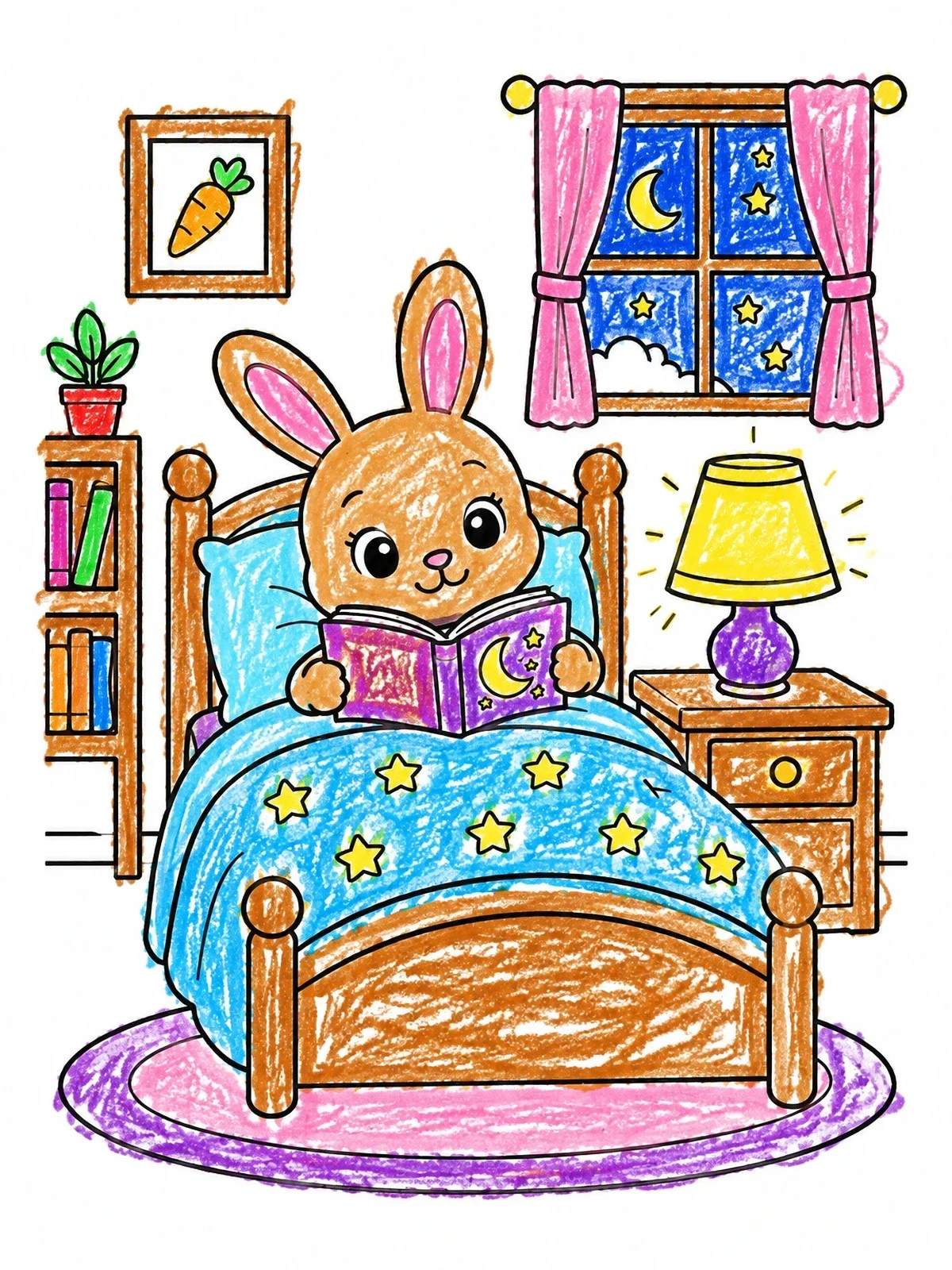 Colored example of the Cozy Bunny Reading In Bed coloring page