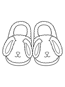 A cozy pair of fluffy bunny slippers on a bedtime coloring page.