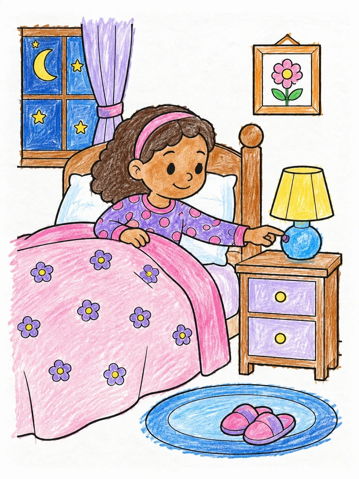 Colored example of the Girl Turning Off Bedside Lamp coloring page