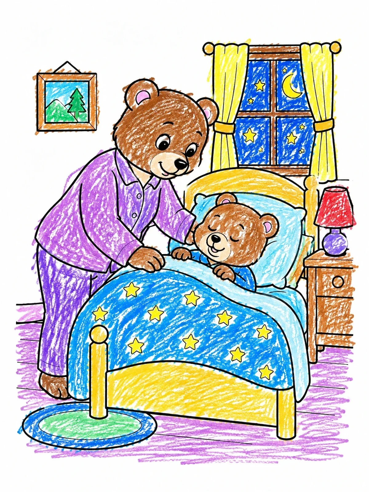 Colored example of the Mother Bear Tucking In Her Cub coloring page