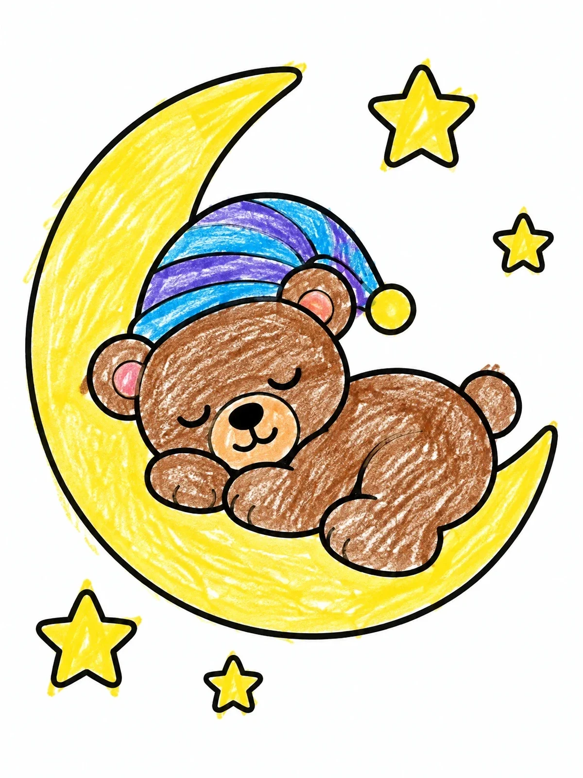 Colored example of the Sleeping Teddy Bear On Crescent Moon coloring page
