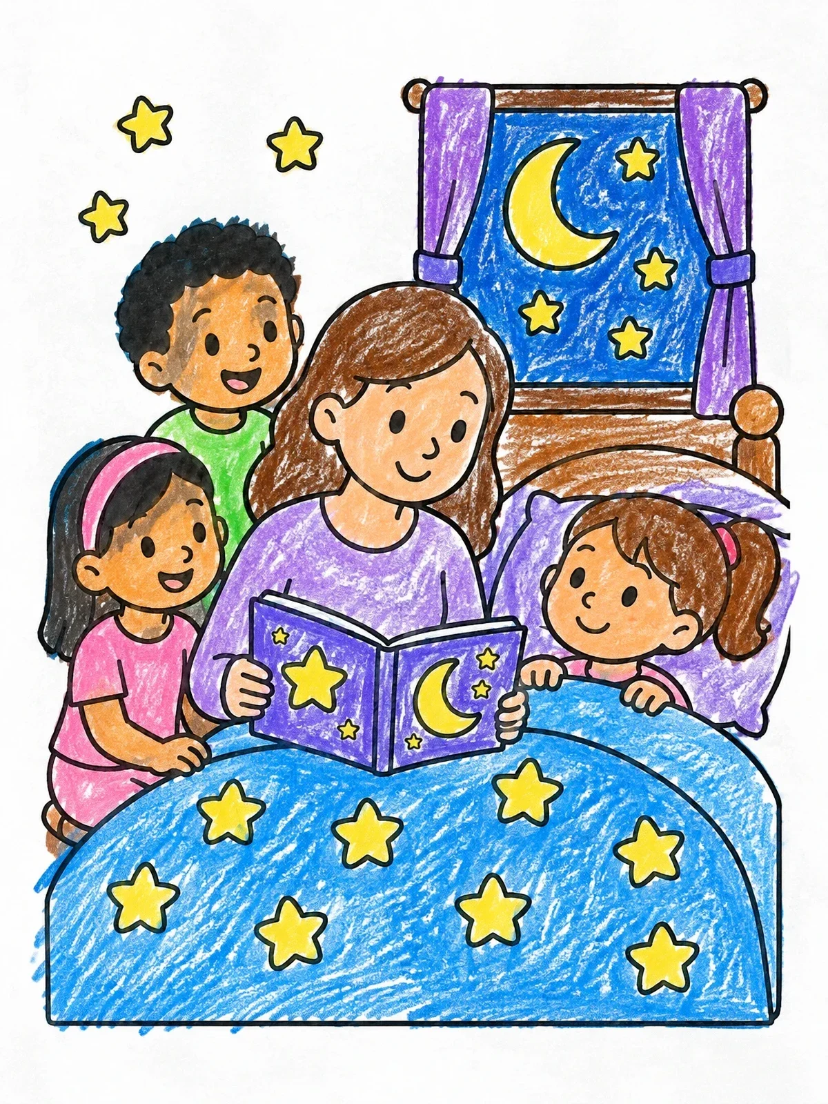 Colored example of the Bedtime Story Under The Stars coloring page