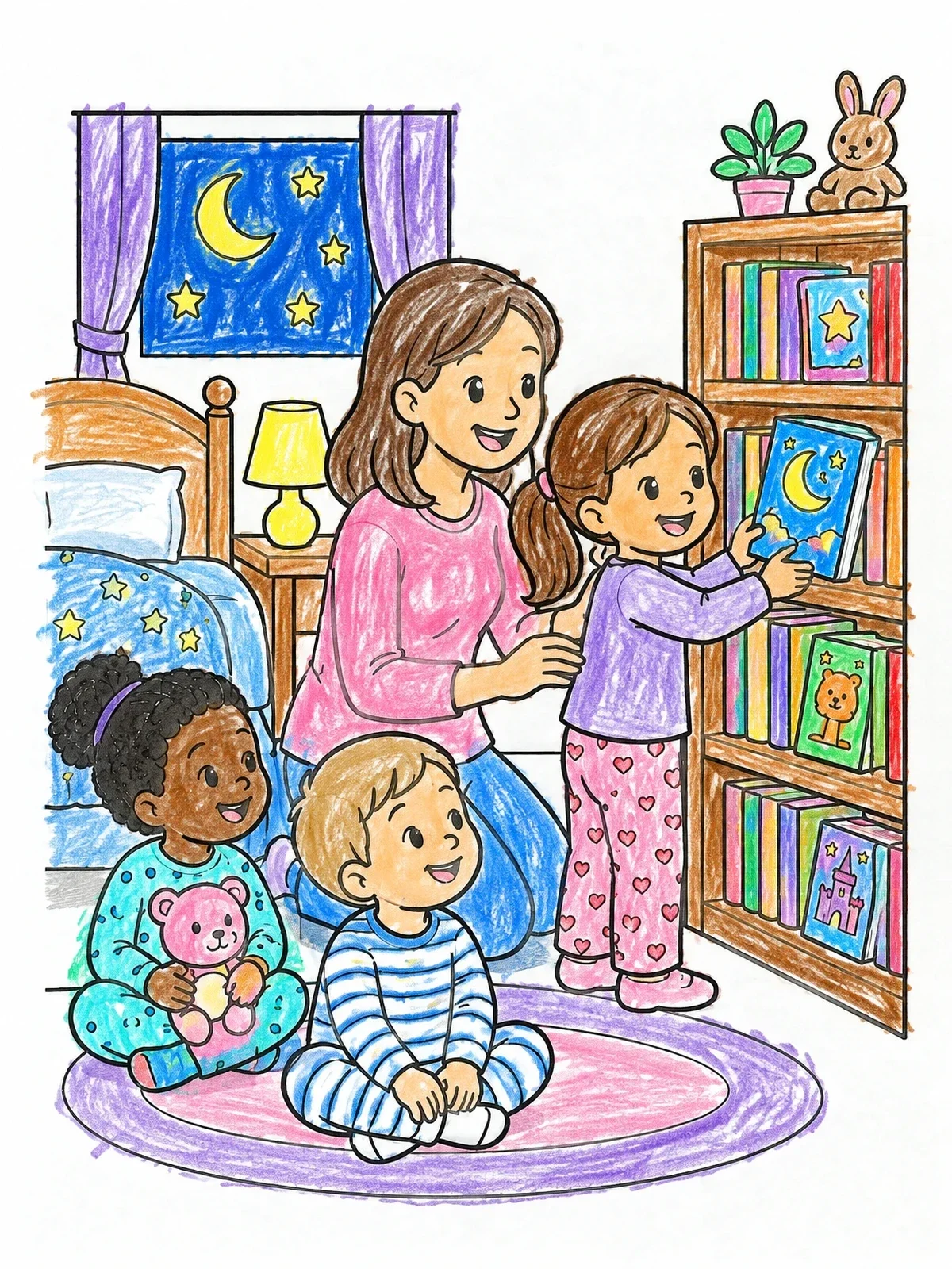 Colored example of the Bedtime Story Selection With Family coloring page