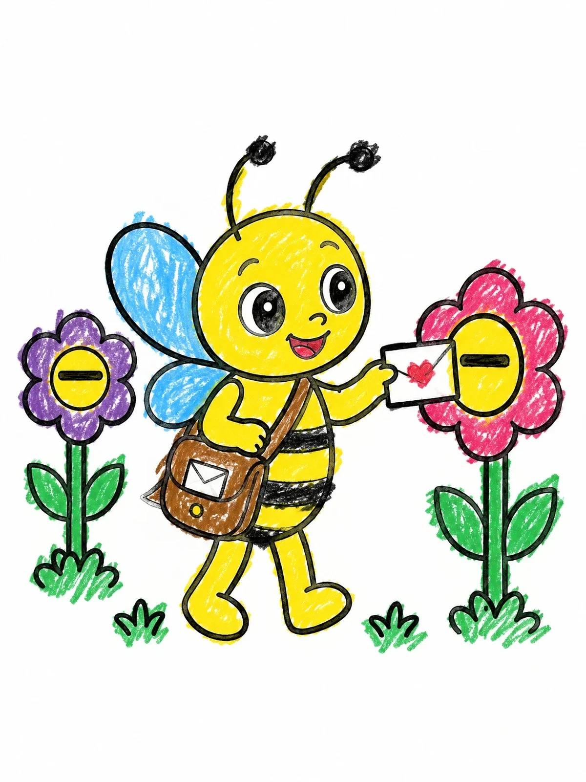 Colored example of the Bee Delivering Mail To Flower Mailboxes coloring page