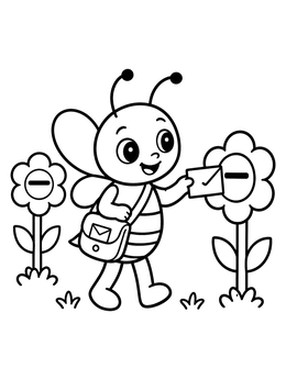 A friendly mail carrier bee coloring page showing letters being delivered to flower mailboxes.