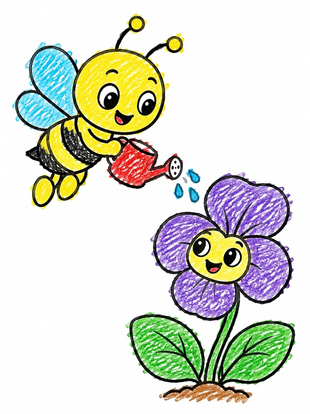 Colored example of the Cute Bee Watering A Violet coloring page