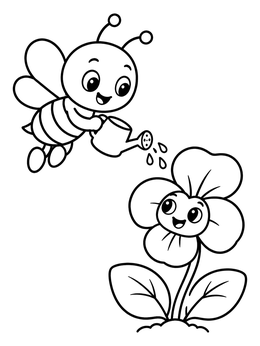 Free printable Cute Bee Watering A Violet coloring page