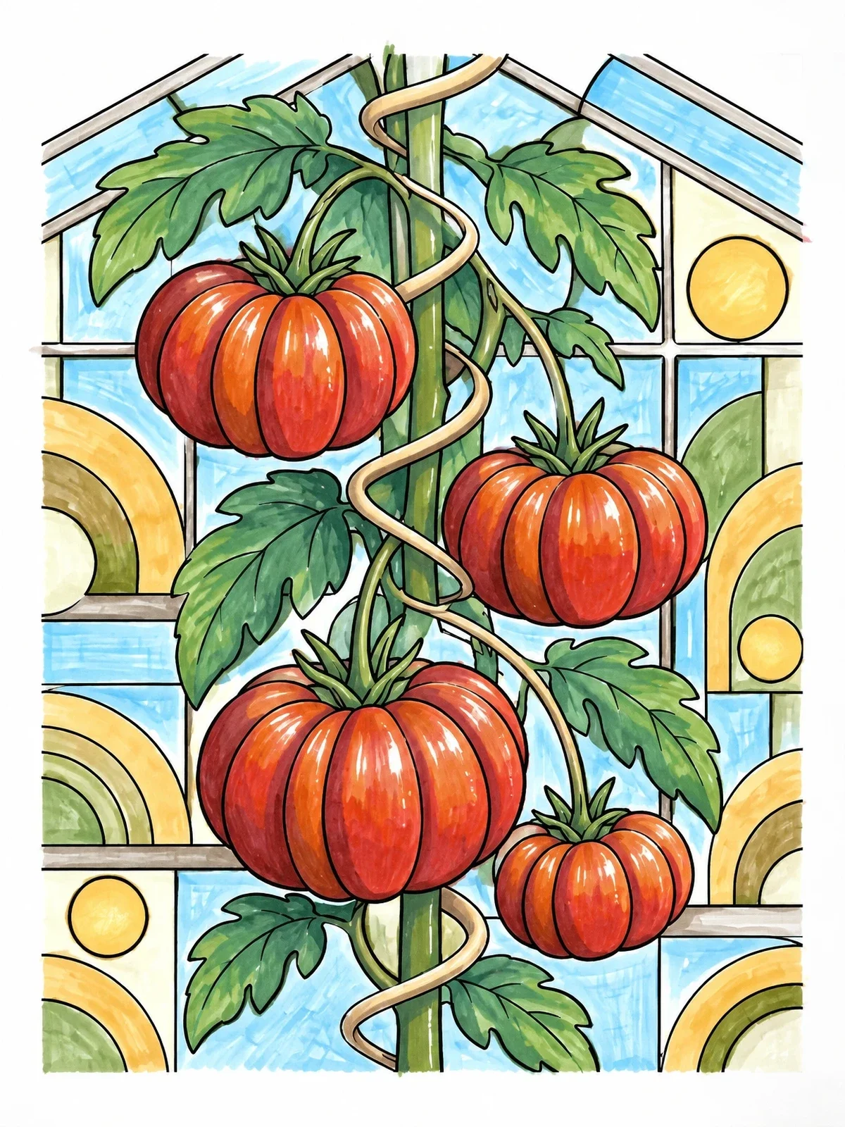 Colored example of the Beefsteak Tomatoes On Greenhouse Vine coloring page