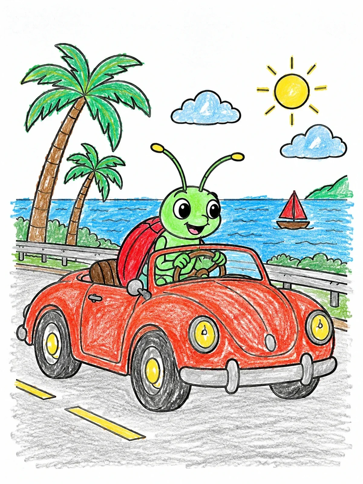 Colored example of the Beetle Driving A Convertible By The Sea coloring page