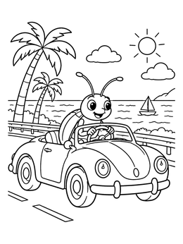Free printable Beetle Driving A Convertible By The Sea coloring page