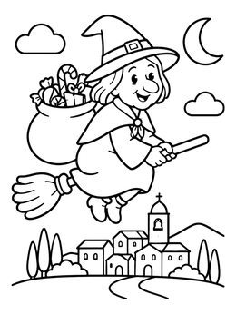 Free printable Friendly Befana Flying Over Town coloring page