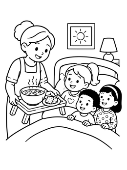 A mother serving warm soup in this being sick coloring page with children resting in bed.