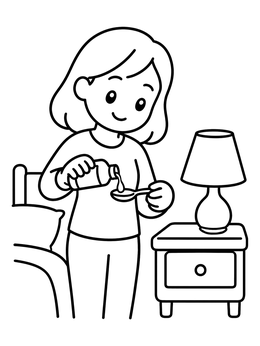 A woman pouring liquid medicine onto a spoon in this being sick coloring page.