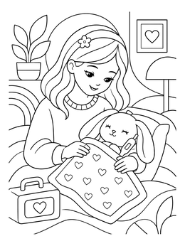 A sweet being sick coloring page showing a girl tucking in her stuffed bunny with a toy thermometer.