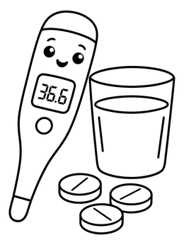 Free printable Cute Digital Thermometer And Medicine coloring page
