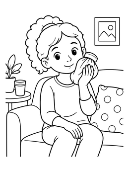 A girl holding an ice pack to her cheek on a being sick coloring page.