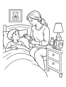 A mother gives medicine to her son in this gentle being sick coloring page.