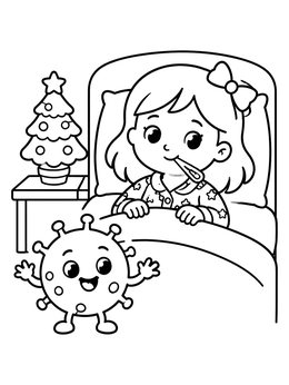 A sick girl resting in bed near a Christmas tree on this being sick coloring page with a cute germ.