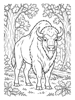 A powerful European bison in the primeval forest features on this belarus coloring page.