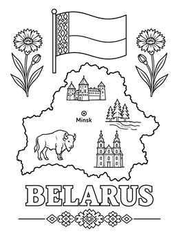 Free printable Belarus Map And Cultural Symbols coloring page