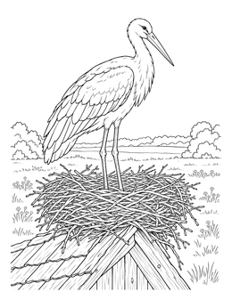A white stork perches in a nest atop a roof in this belarus coloring page.