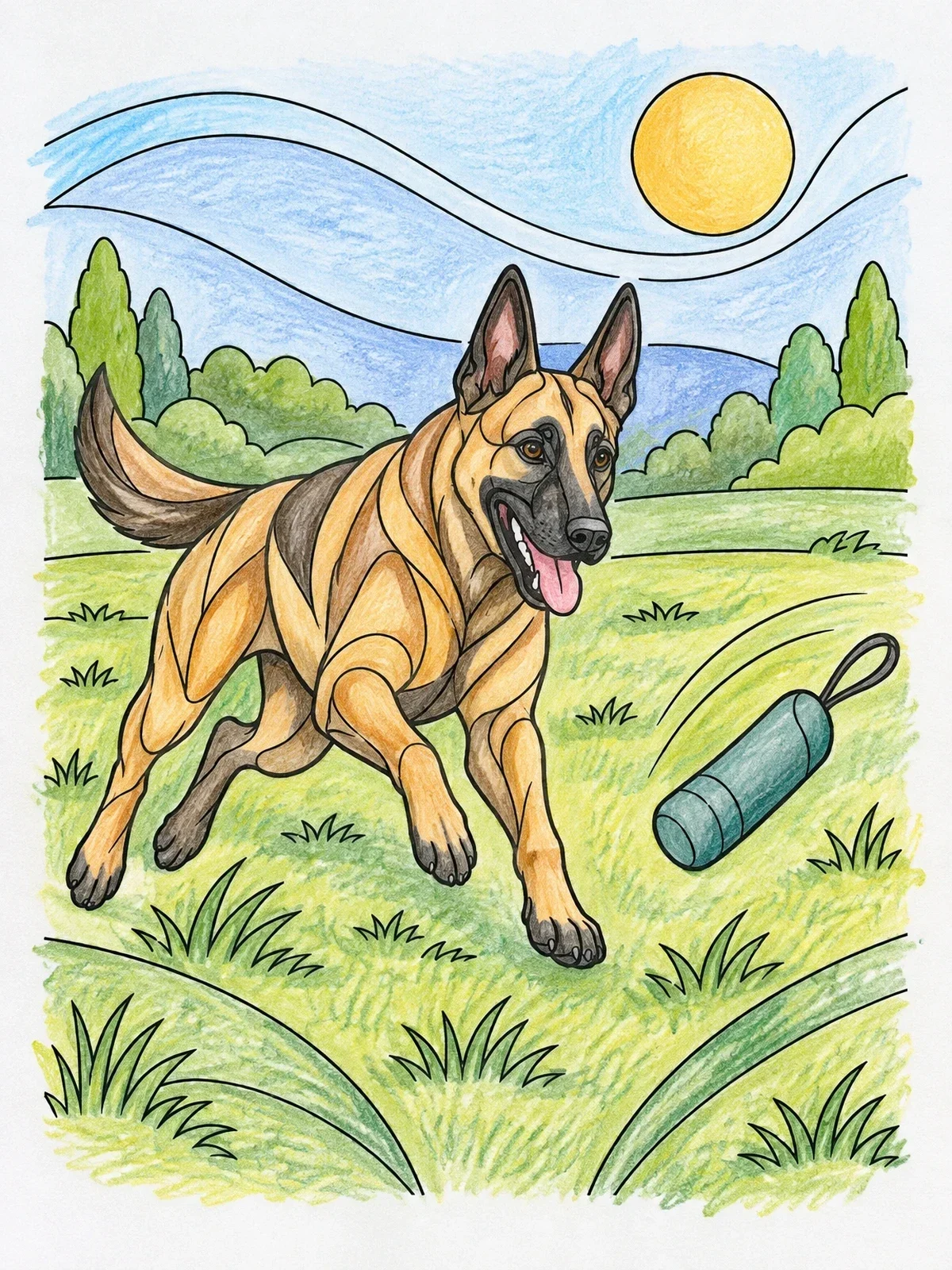 Colored example of the Playful Belgian Malinois Chasing Dummy coloring page
