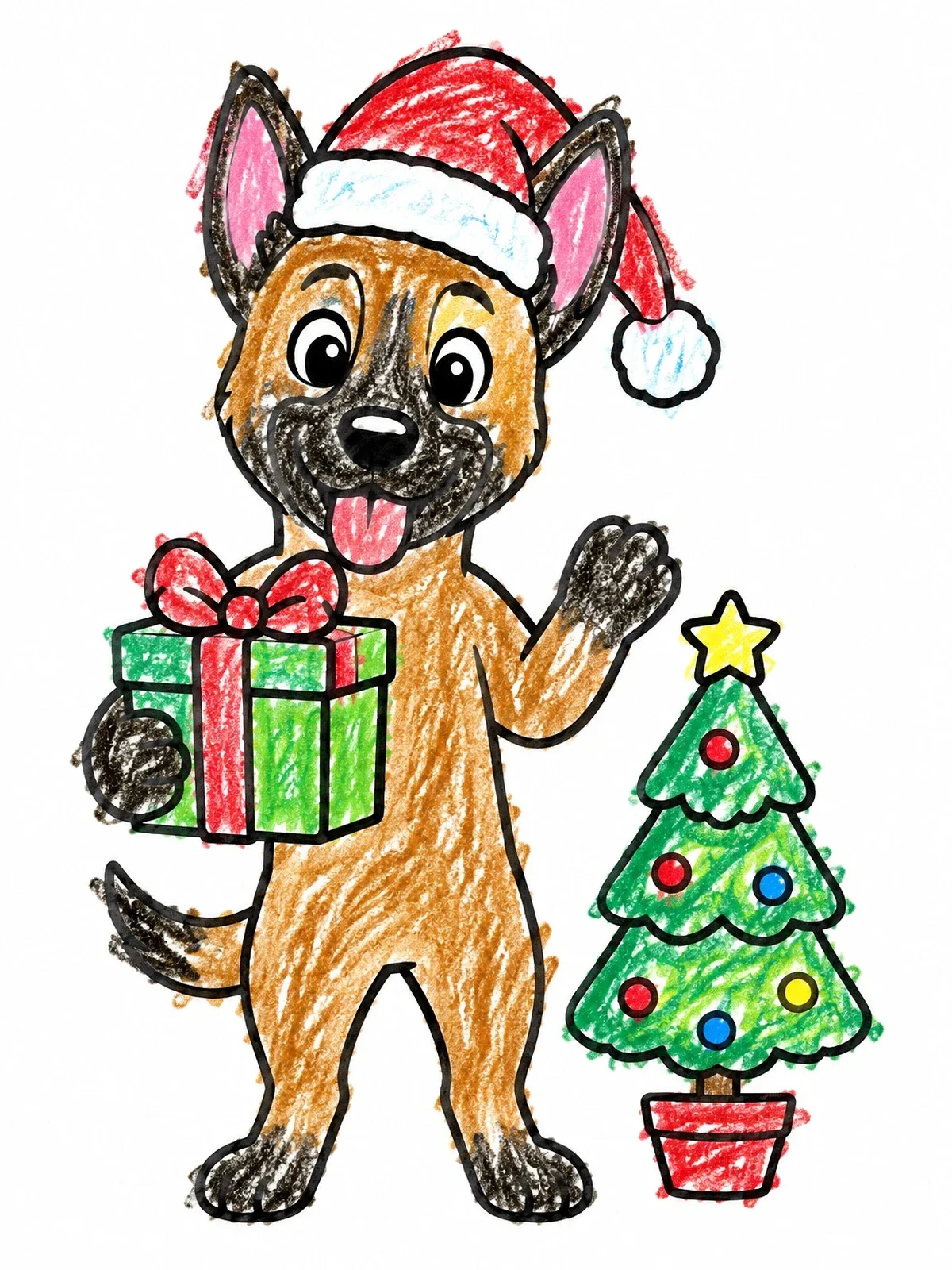 Colored example of the Belgian Malinois Celebrating Christmas coloring page