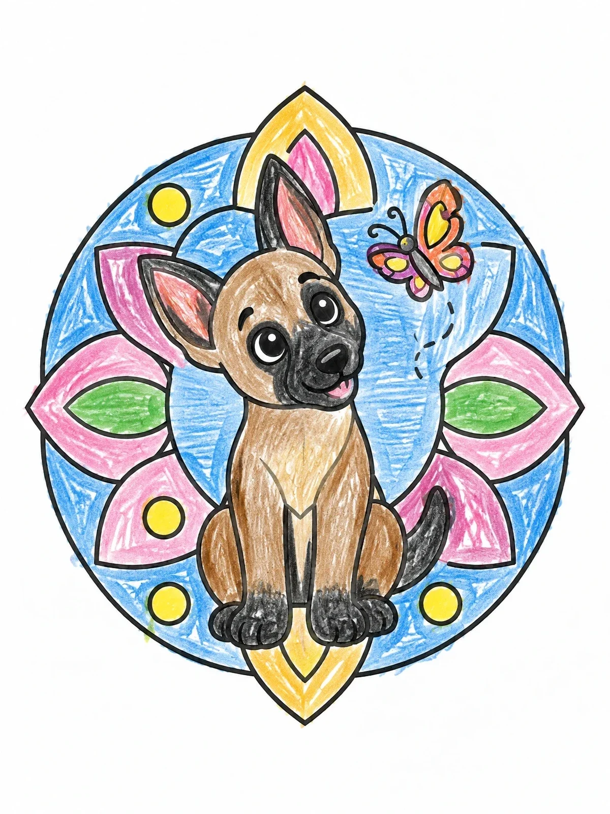 Colored example of the Playful Malinois Puppy And Butterfly coloring page