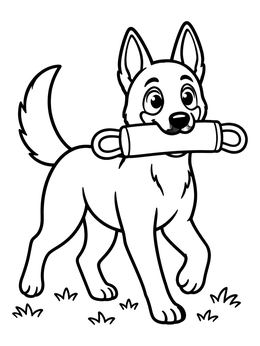 A cheerful belgian malinois coloring page featuring a puppy holding a tug toy in its mouth.