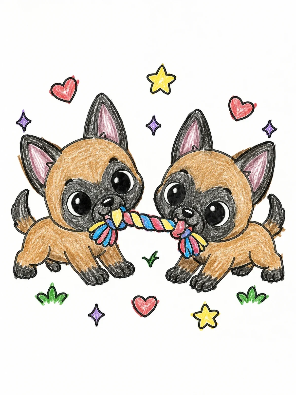 Colored example of the Playful Puppies Tugging Rope Toy coloring page