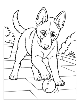 A cute puppy rolls a tennis ball in this belgian malinois coloring page.