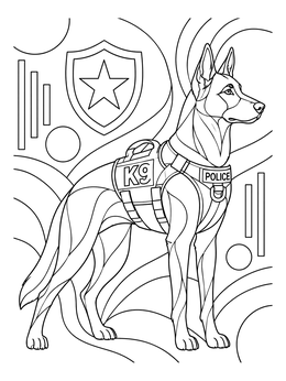 An alert Belgian Malinois stands proud in this police dog coloring page with geometric patterns.