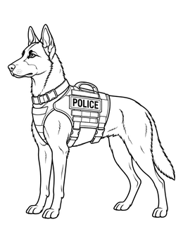 A noble Belgian Malinois in tactical gear stands alert on this police dog coloring page.