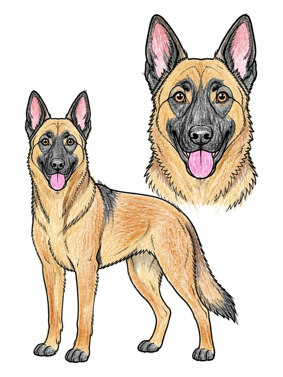 Colored example of the Belgian Malinois Portrait And Stance coloring page