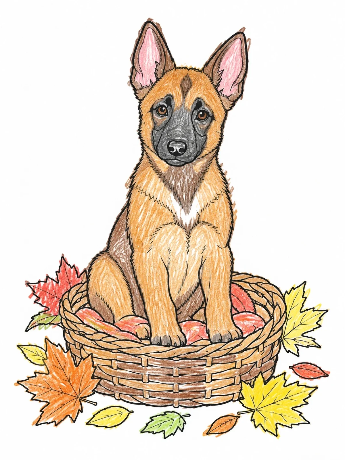 Colored example of the Belgian Malinois Puppy In Autumn Basket coloring page