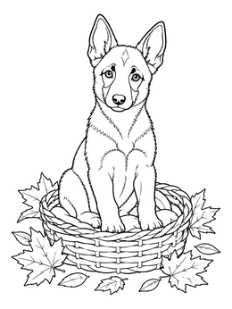 A cute belgian malinois coloring page featuring a puppy sitting inside a woven basket with leaves.