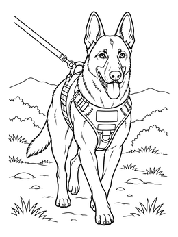 An alert belgian malinois coloring page featuring a working dog in a tactical harness on a hiking path.