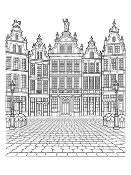 Free printable Brussels Grand Place Guildhalls coloring page