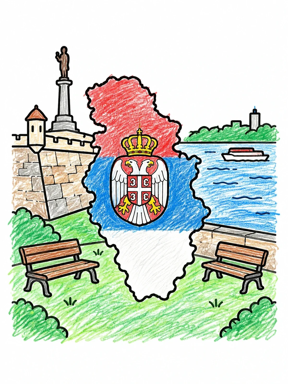 Colored example of the Belgrade Fortress And Serbia Outline coloring page
