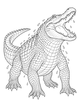 A detailed alligator coloring page showing a large reptile roaring with water droplets flying.