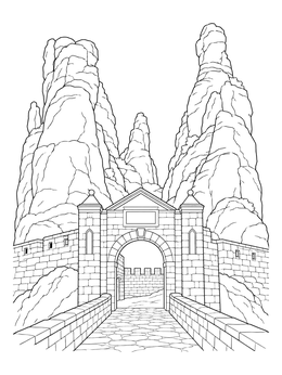 Historic stone gate in this bulgaria coloring page framed by towering rock formations.