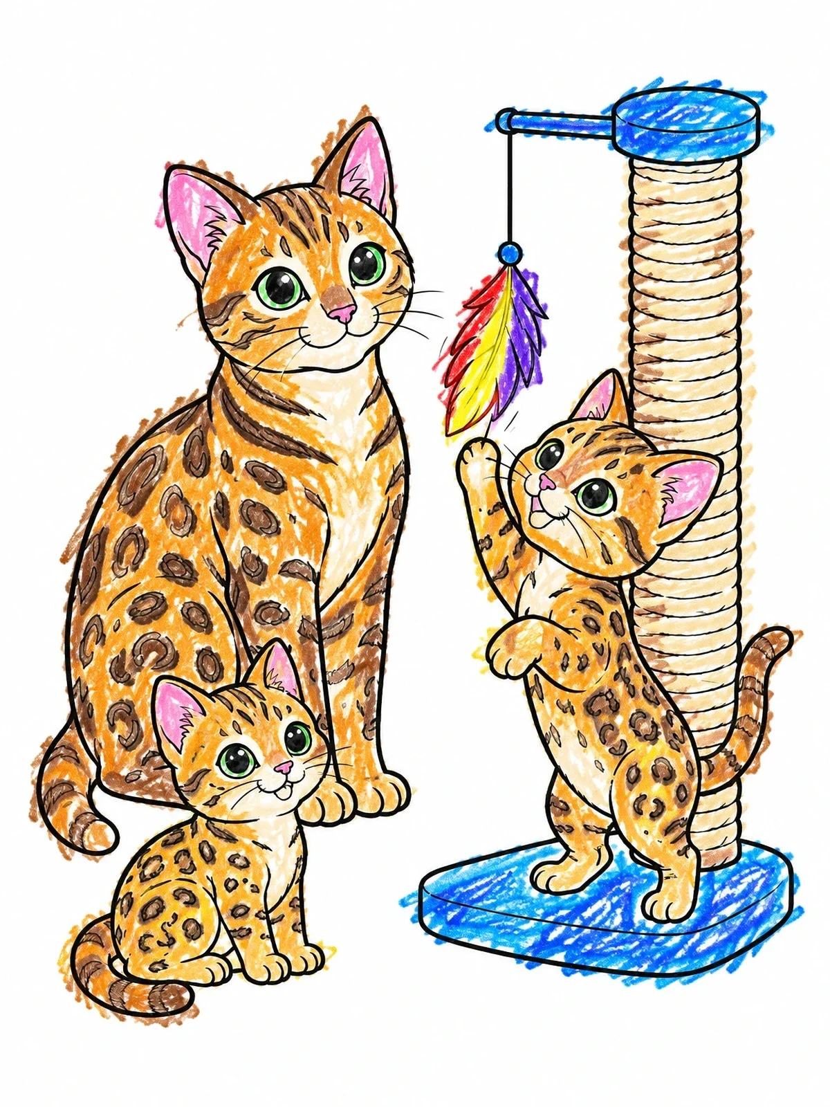 Colored example of the Bengal Cat Family With Scratching Post coloring page